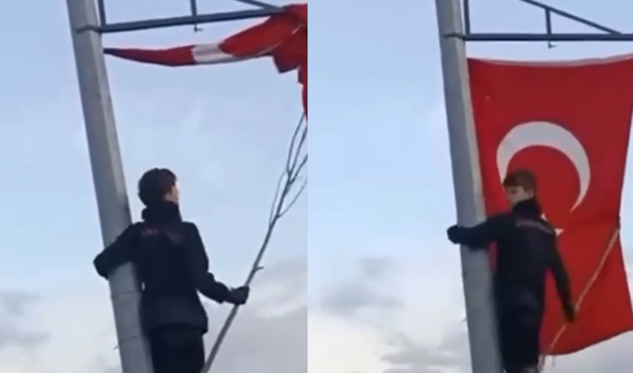 Çocukların bayrak hassasiyeti duygulandırdı.. Direğe böyle tırmandılar